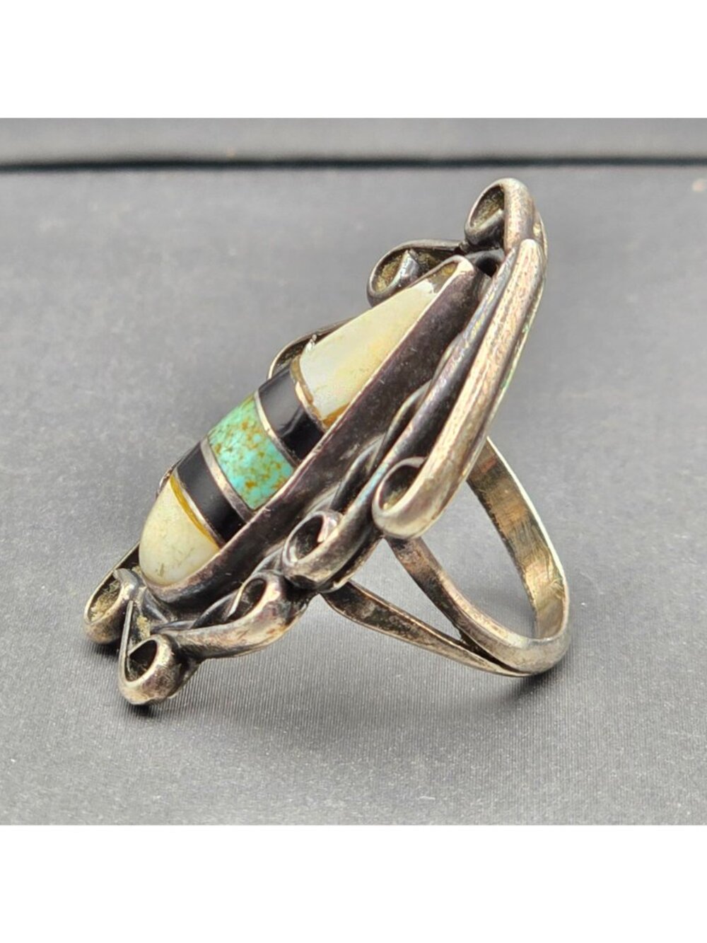 Vintage Southwestern 925 Sterling White Buffalo Turquoise Onyx Inlay Ring READ - Picture 4 of 15